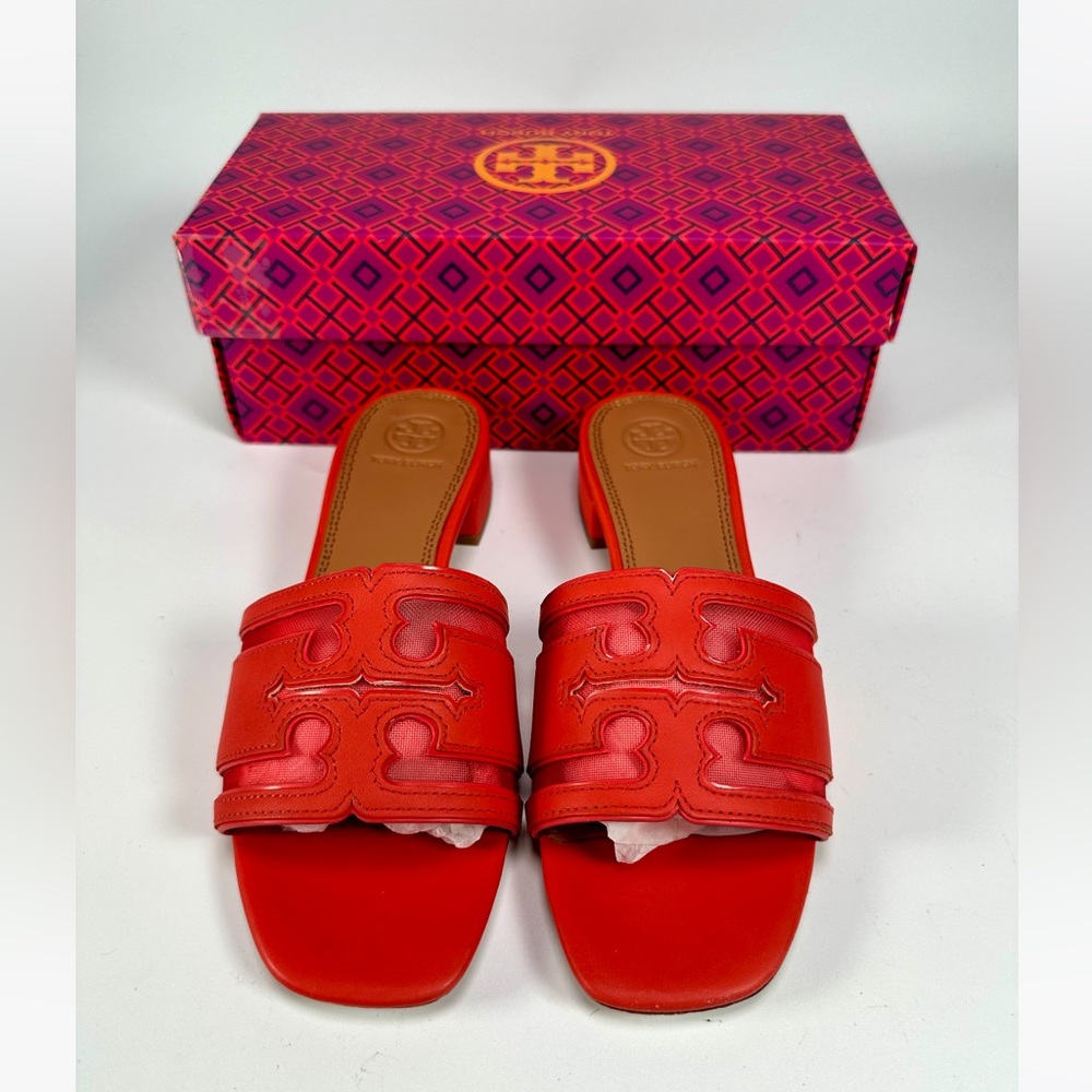 NIB Tory Burch Stitched Logo 30 mm Slide Sandals Calf Leather/Mesh Patent - Picture 7 of 11